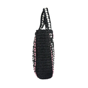 Prada pink white tote handbag wood bag raffia black
